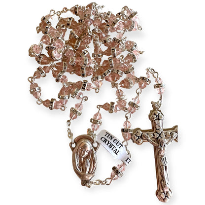 Blessed Virgin Mary - Pink Shiny Crystal Rosary - Rhinestone - Blessed By Pope | Catholically