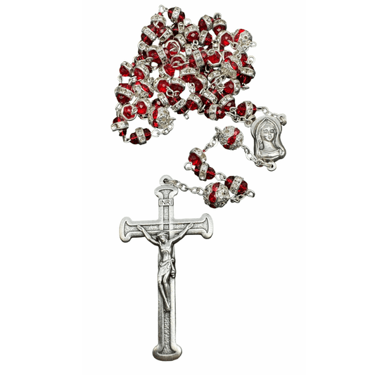 Blessed Virgin Mary - Red Shiny Crystal Rosary - Rhinestone - Blessed By Pope | Catholically