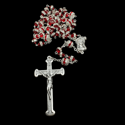 Blessed Virgin Mary - Red Shiny Crystal Rosary - Rhinestone - Blessed By Pope | Catholically