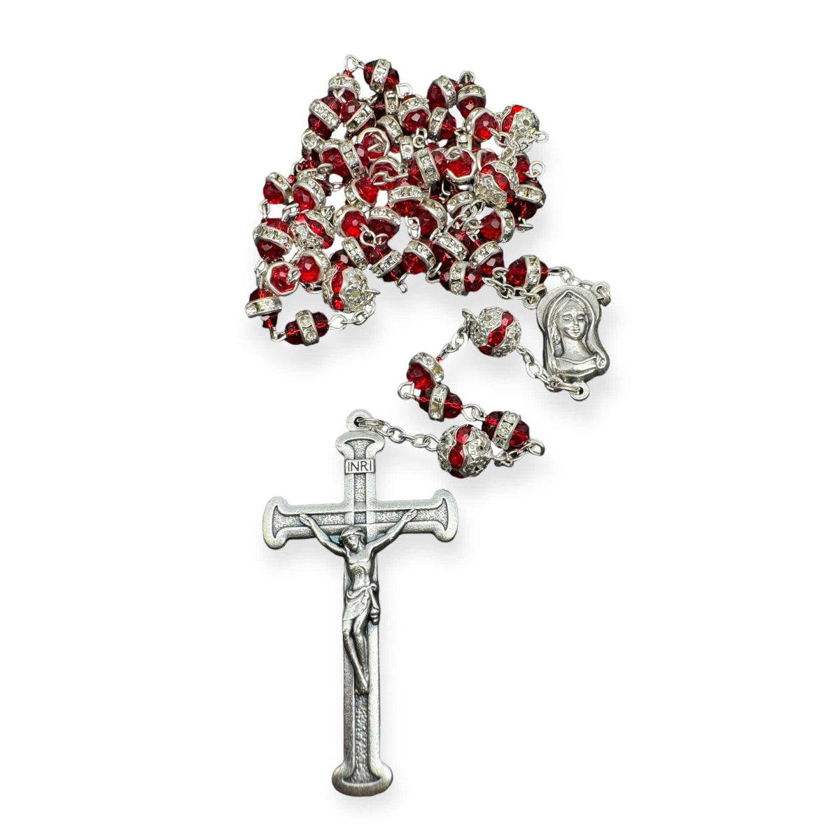 Virgin Mary Rosary Beads Stretch Bracelet - Ave Maria Rose Charm & Cross, 7" Stretch, 3 Color Options