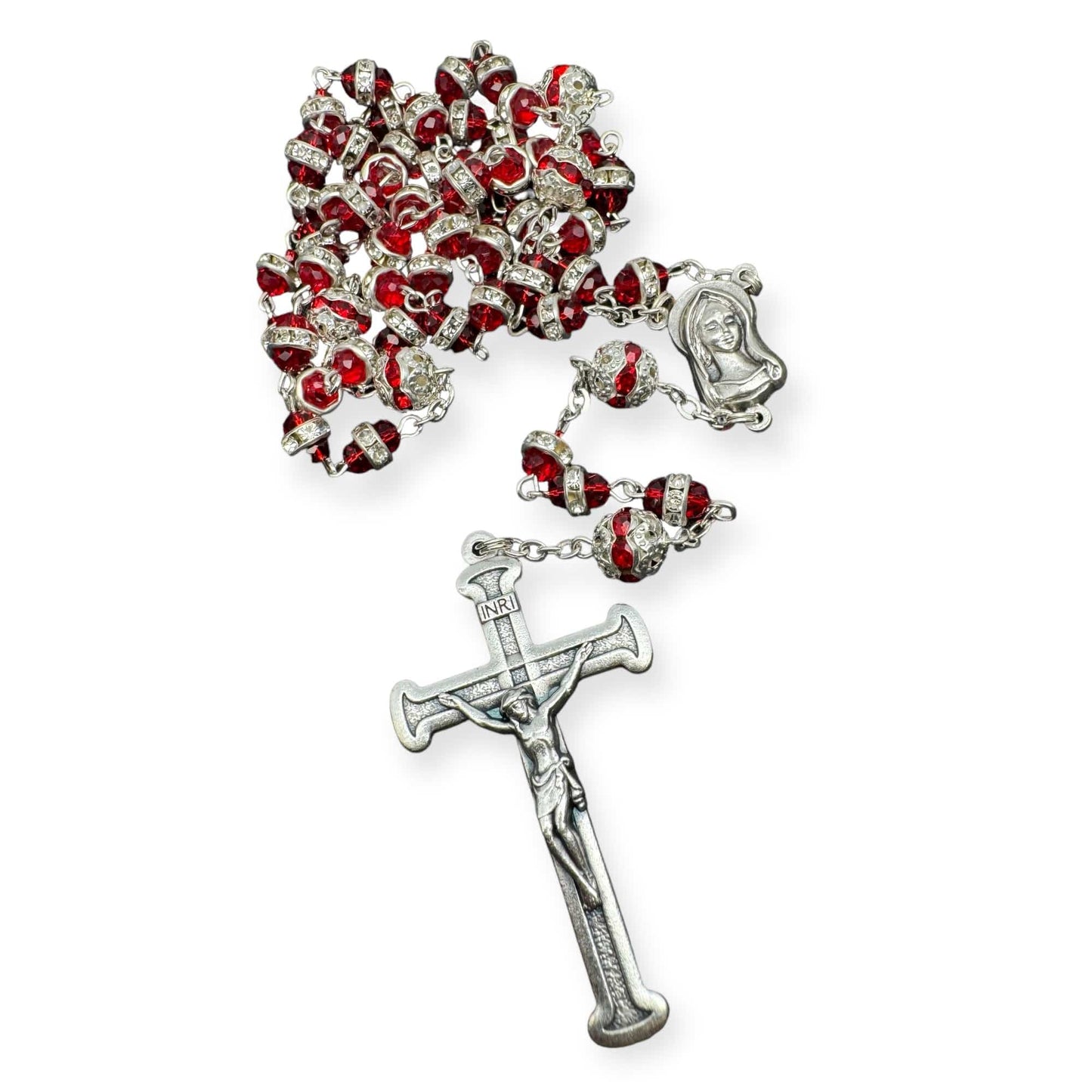 Blessed Virgin Mary - Red Shiny Crystal Rosary - Rhinestone - Blessed By Pope | Catholically