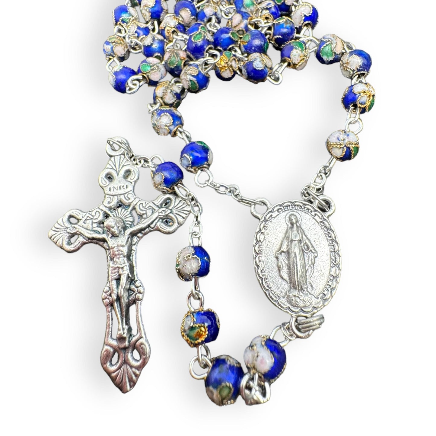 Blue Cloisonne Rosary Small Beads - Catholic - Blessed By Pope  w/ Parchment | Catholically
