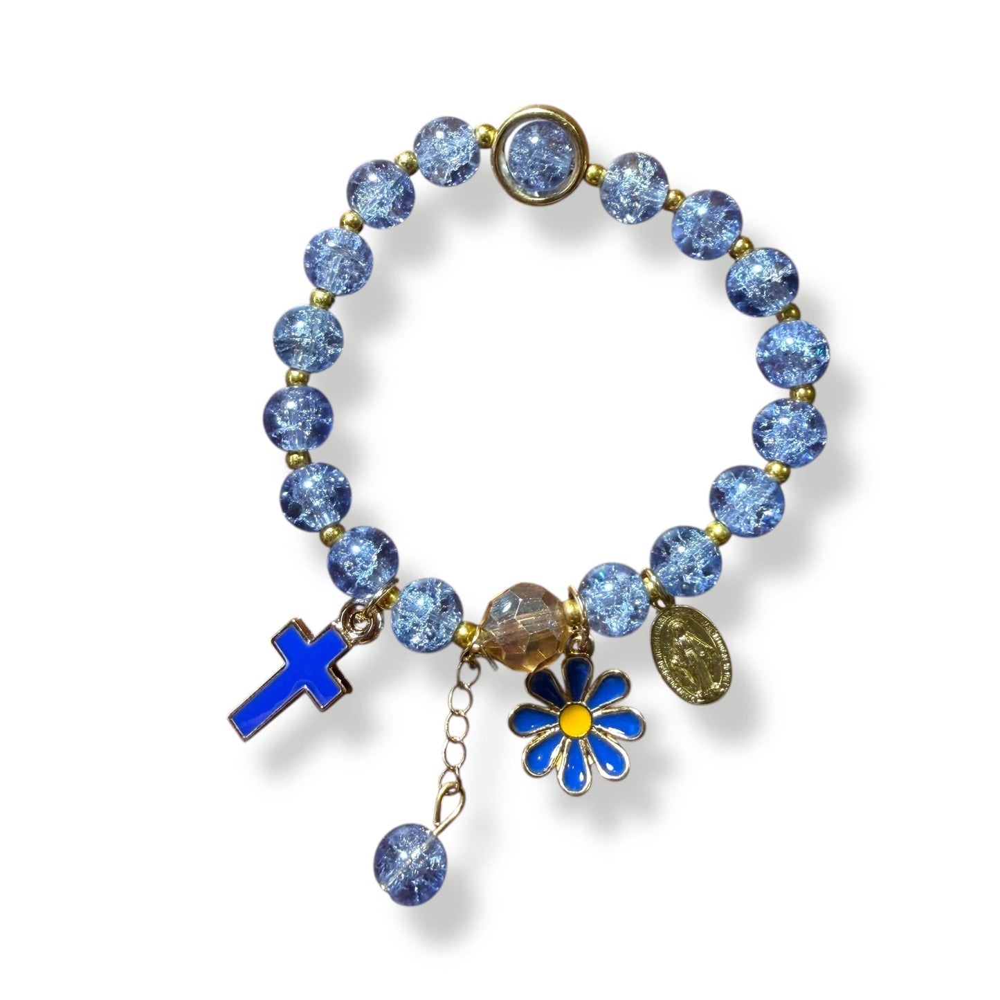 Blue Marian Bracelet – Cross, Flower & Miraculous Medal Blessed by Pope | Catholically