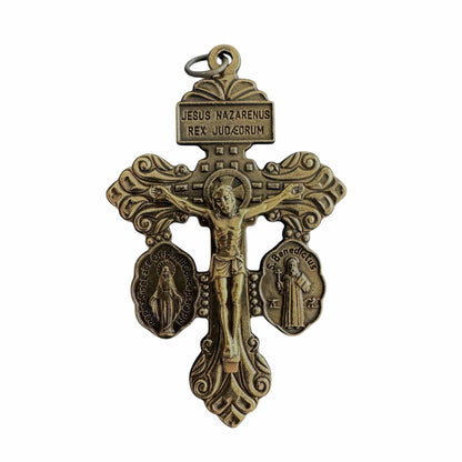 Bronze Tone 3-Way Pardon Indulgence Crucifix w/ St. Benedict & Miraculous Medals | Catholically