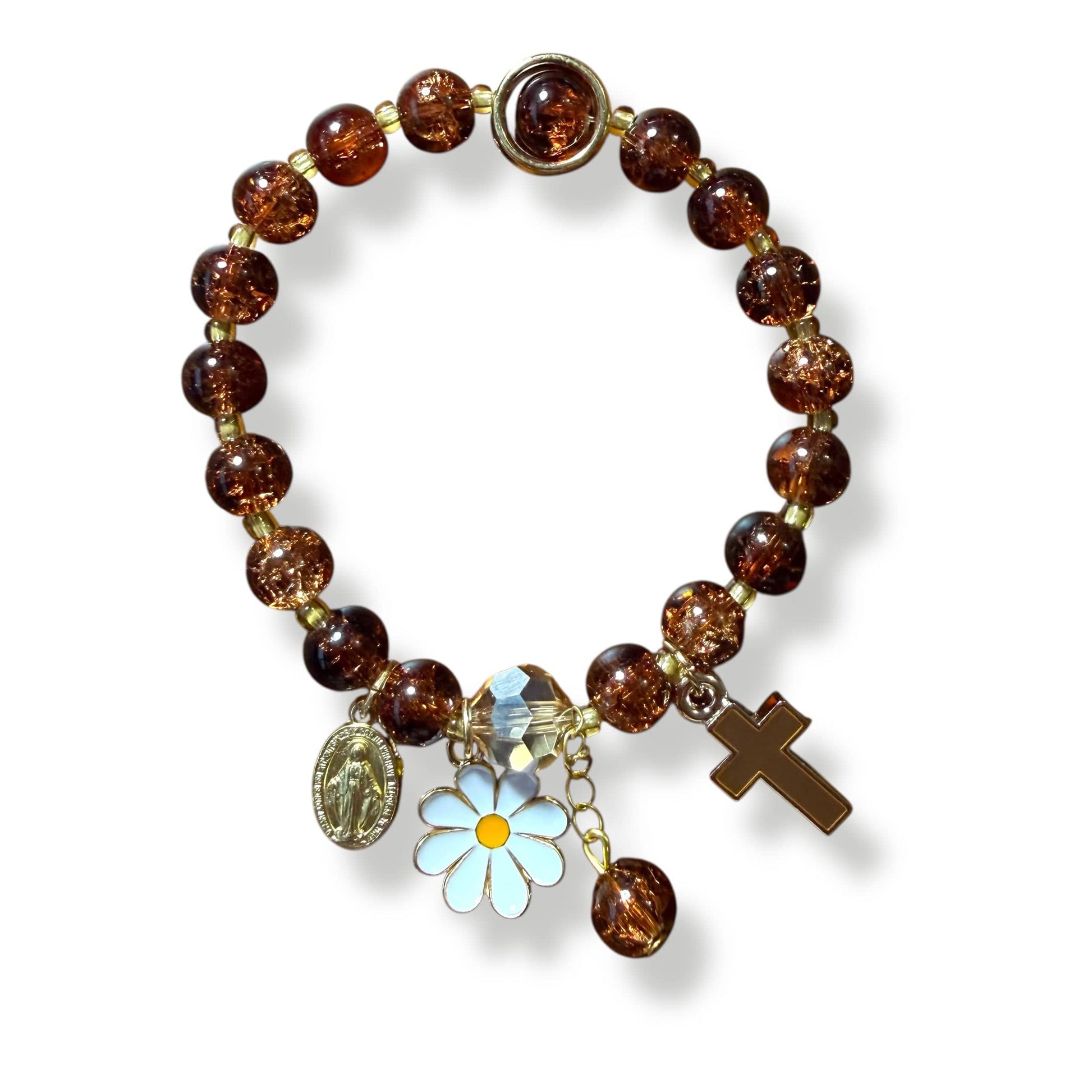 Brown Grace Bracelet – Cross, Flower & Miraculous Medal Blessed by Pope | Catholically
