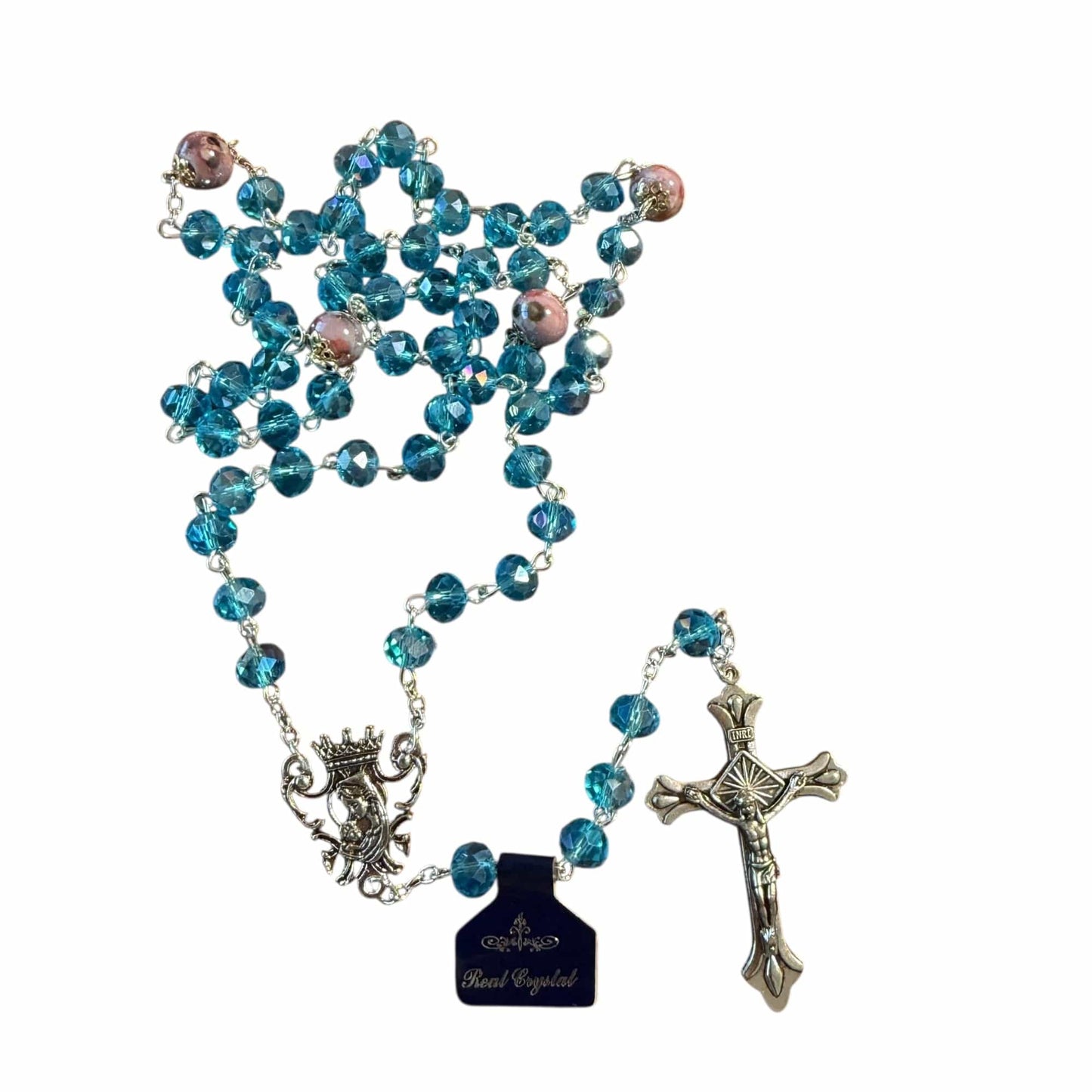 Catholic Virgin Mary Aqua Shiny Crystal Beads Women Rosary Blessed By Pope | Catholically