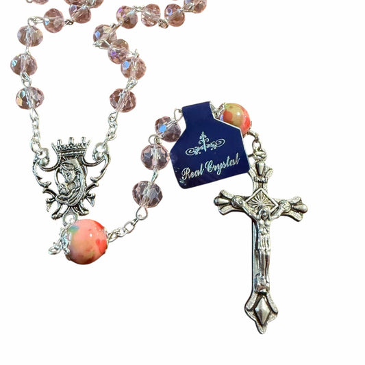 Catholic Virgin Mary Pink Shiny Crystal Beads Women Rosary Blessed By Pope | Catholically