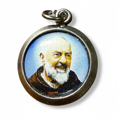 Catholically St. Padre Pio relic medal pendant with image of Padre Pio, silver-tone metal, 7/8 inch.