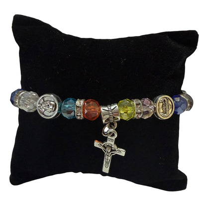 Catholically St. Benedict bracelet with multi-color crystal beads and silver crucifix charm. 7" length.