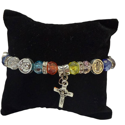 Catholically St. Benedict bracelet with multi-color crystal beads and silver crucifix charm. 7" length.