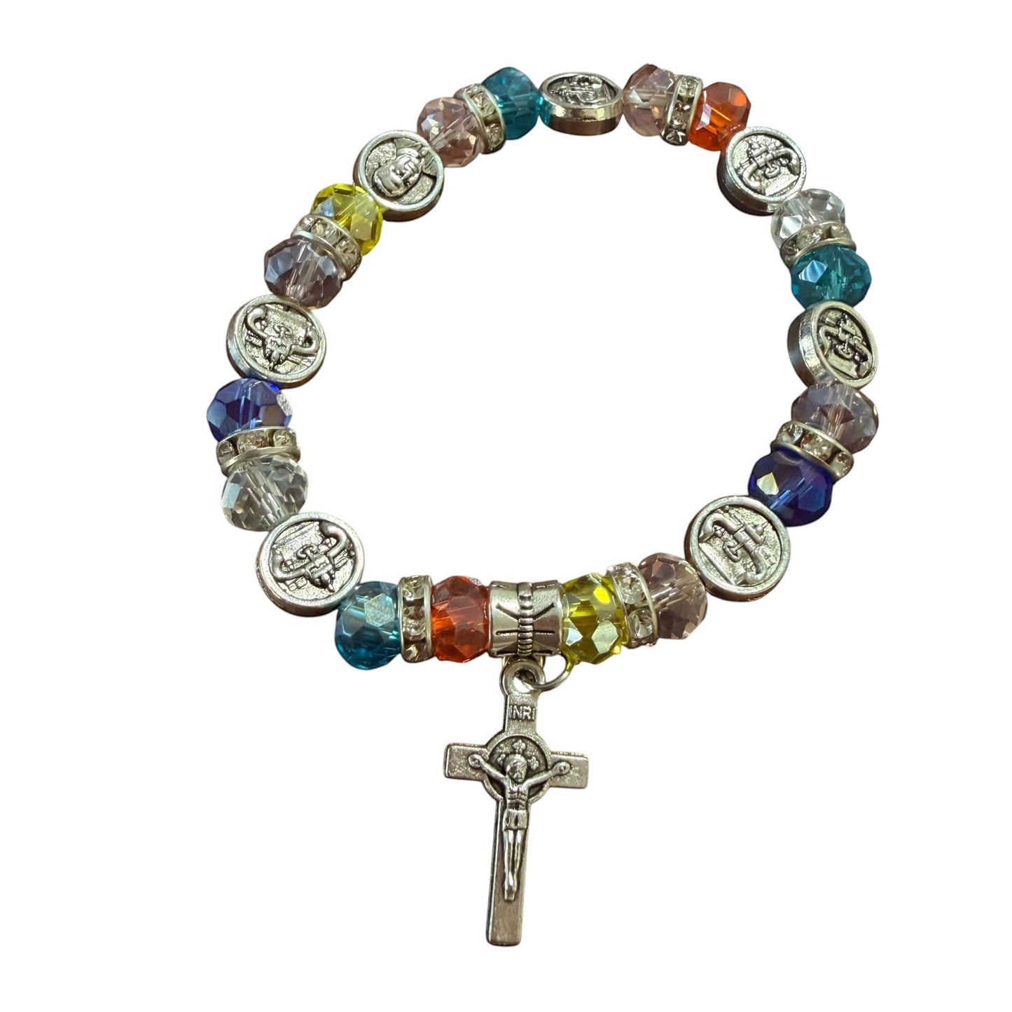 Catholically St. Benedict bracelet with multi-color faceted crystal beads and silver crucifix charm. 7" length.