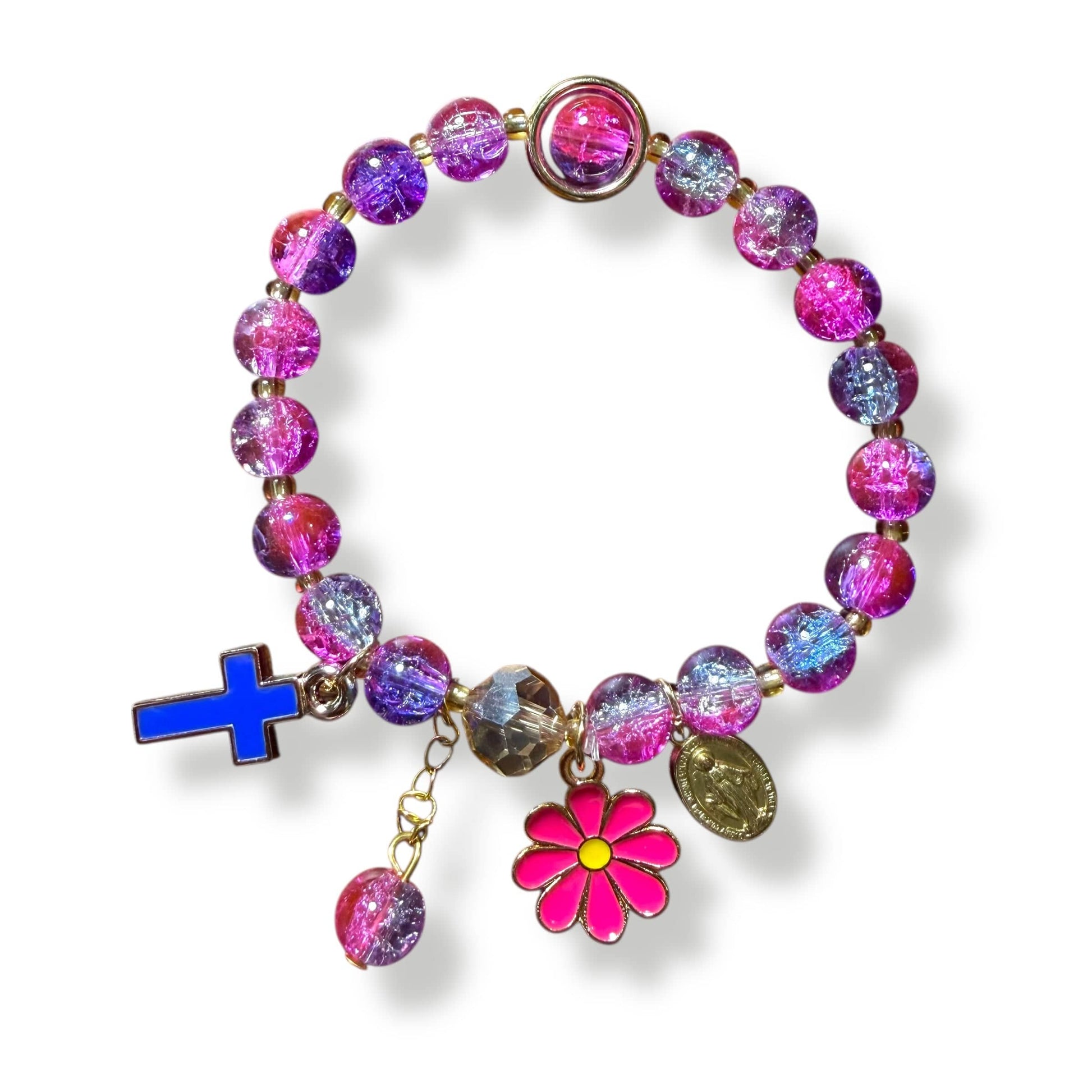 Fuchsia & Violet Joy Bracelet – Cross, Flower and Medal Blessed by Pope | Catholically