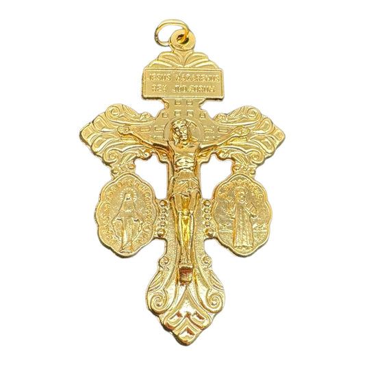 Gold Tone 3-Way Pardon Indulgence Crucifix w/ St. Benedict & Miraculous Medals | Catholically