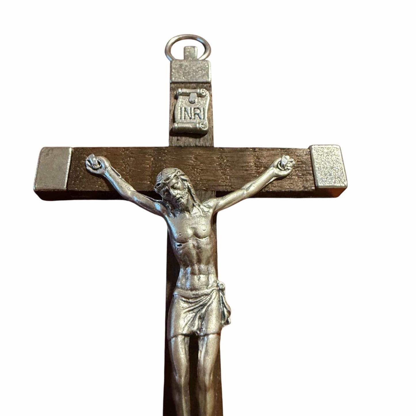 Handcrafted Italian Wooden Crucifix – 4.5" Dark Wood and Metal Inlays | Catholically