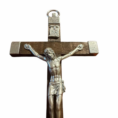 Handcrafted Italian Wooden Crucifix – 4.5" Dark Wood and Metal Inlays | Catholically