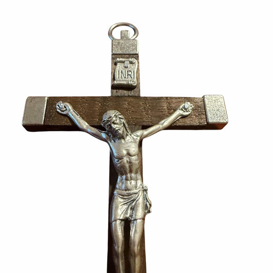 Handcrafted Italian Wooden Crucifix – 4.5" Dark Wood and Metal Inlays | Catholically