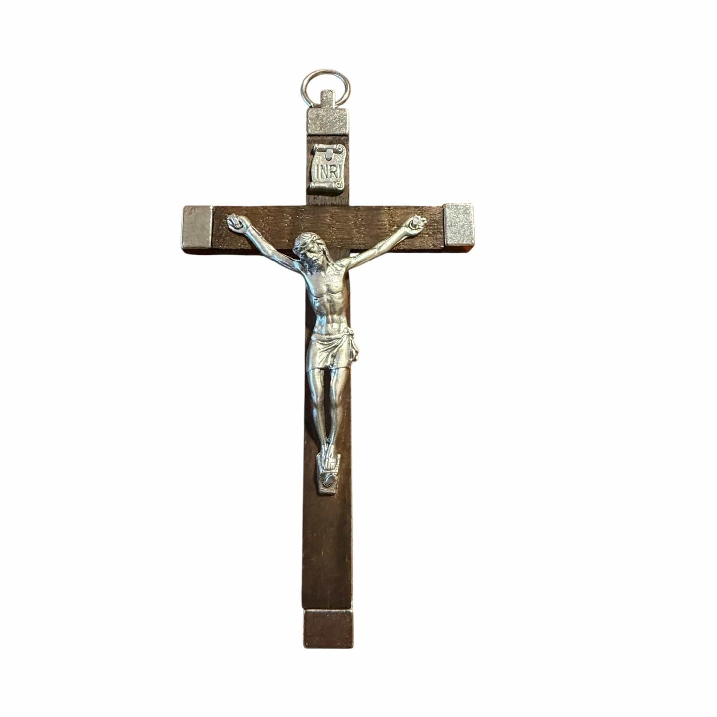 Handcrafted Italian Wooden Crucifix – 4.5" Dark Wood and Metal Inlays | Catholically