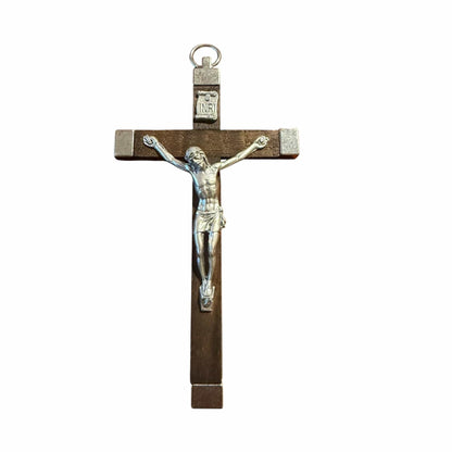 Handcrafted Italian Wooden Crucifix – 4.5" Dark Wood and Metal Inlays | Catholically