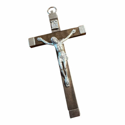 Handcrafted Italian Wooden Crucifix – 4.5" Dark Wood and Metal Inlays | Catholically