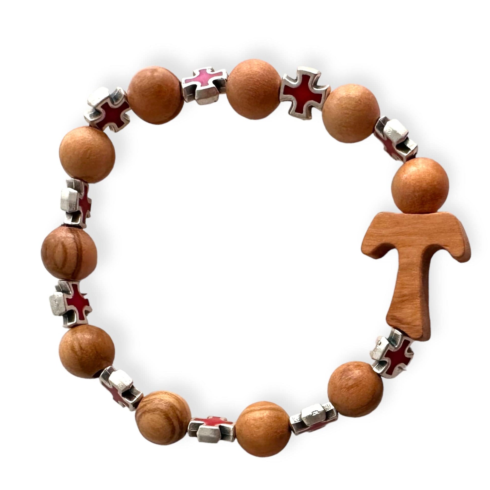 Handcrafted Wooden Bracelet with Tau Cross and Red Celtic Crosses | Catholically