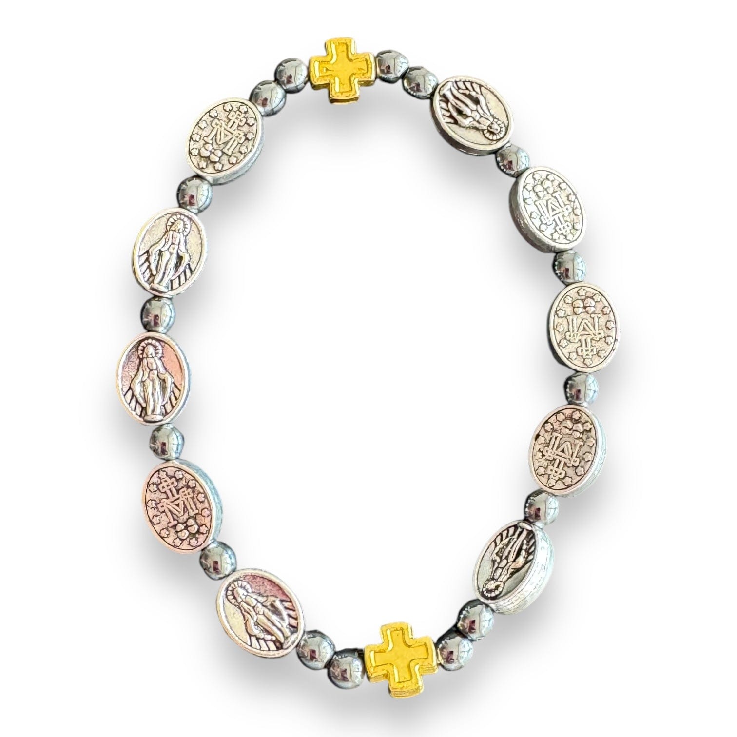 Hematite Italian Stretch Bracelet with Miraculous Medals - Blessed By Pope | Catholically