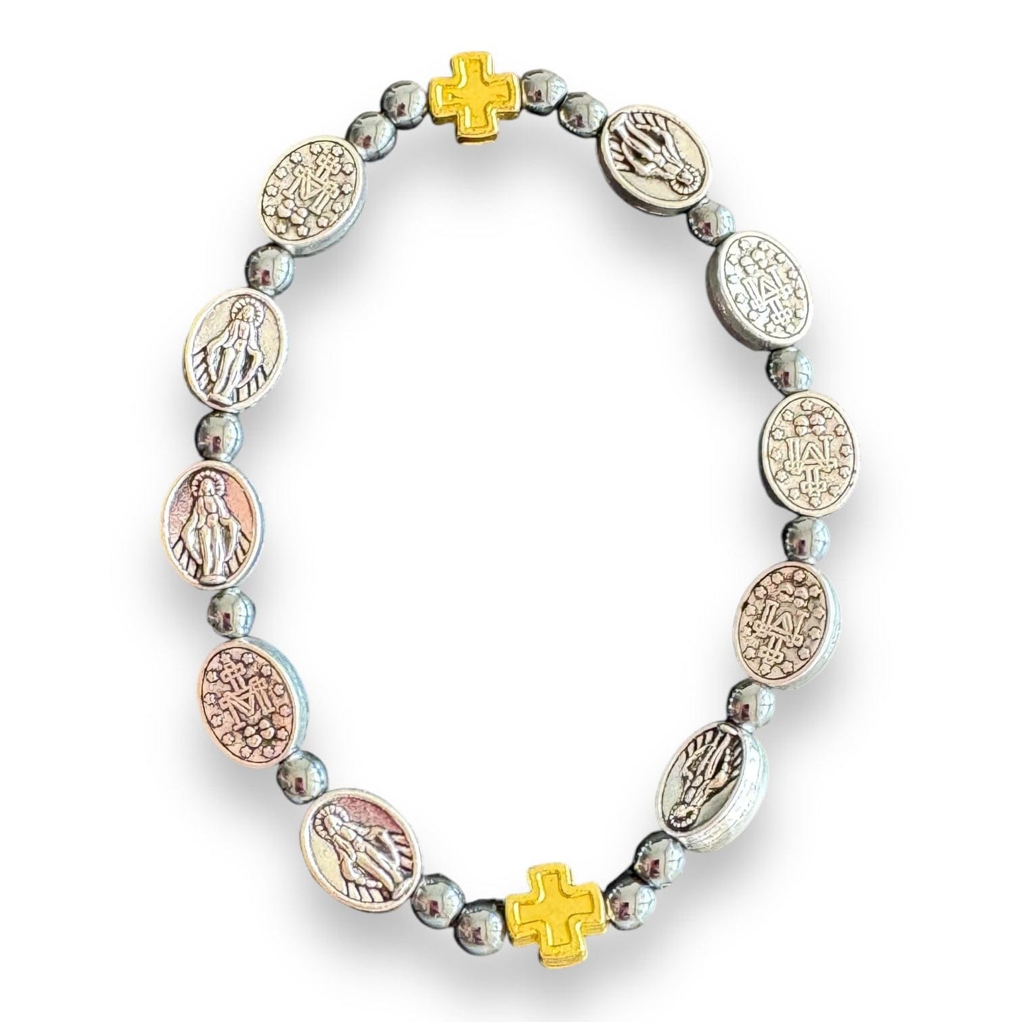 Hematite Italian Stretch Bracelet with Miraculous Medals - Blessed By Pope | Catholically
