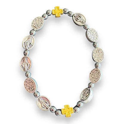 Hematite Italian Stretch Bracelet with Miraculous Medals - Blessed By Pope | Catholically