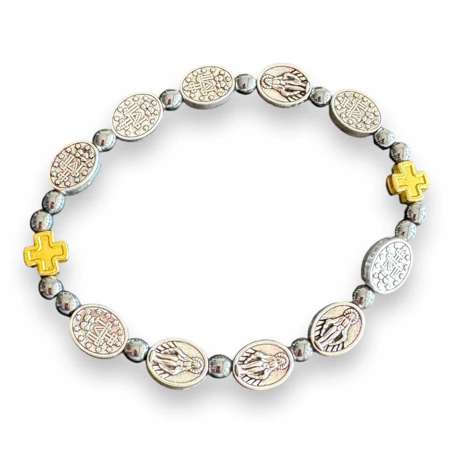 Hematite Italian Stretch Bracelet with Miraculous Medals - Blessed By Pope | Catholically