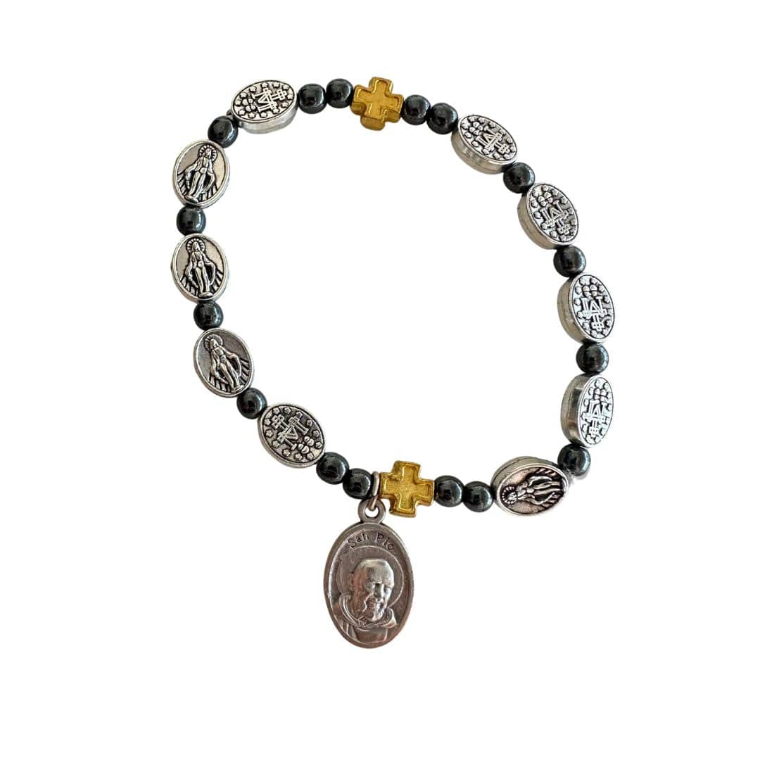 Hematite Italian Stretch Bracelet with Miraculous Medals - Blessed By Pope | Catholically