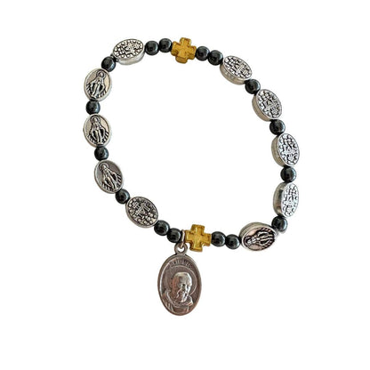 Hematite Italian Stretch Bracelet with Miraculous Medals - Blessed By Pope | Catholically