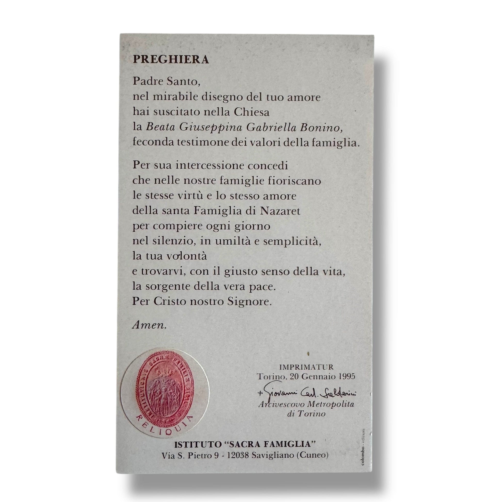 Holy Card of Beata Giuseppina Gabriella Bonino with Relic | Catholically