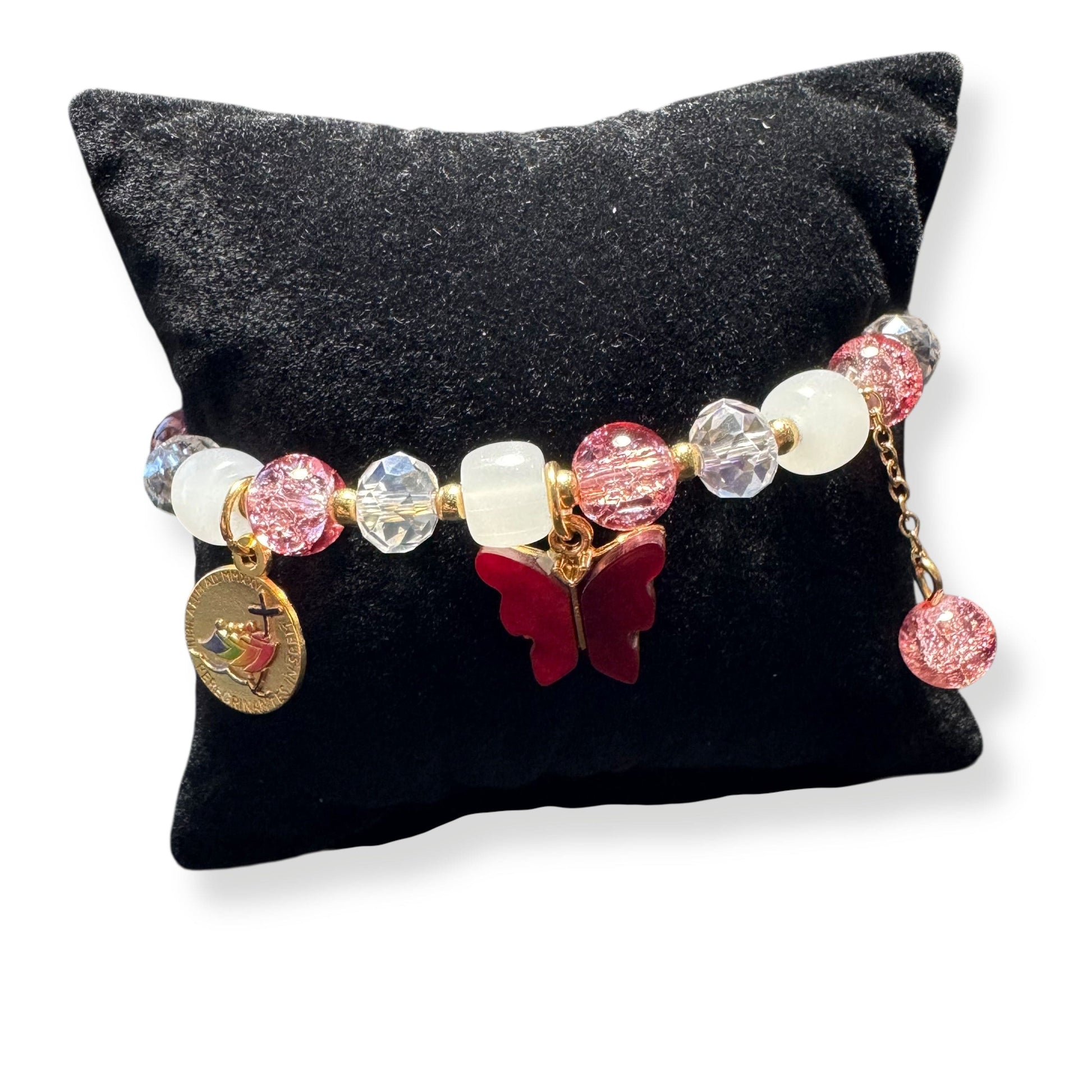 Italian Pink Glass Bracelet - Elastic Bangle - Blessed By Pope | Catholically