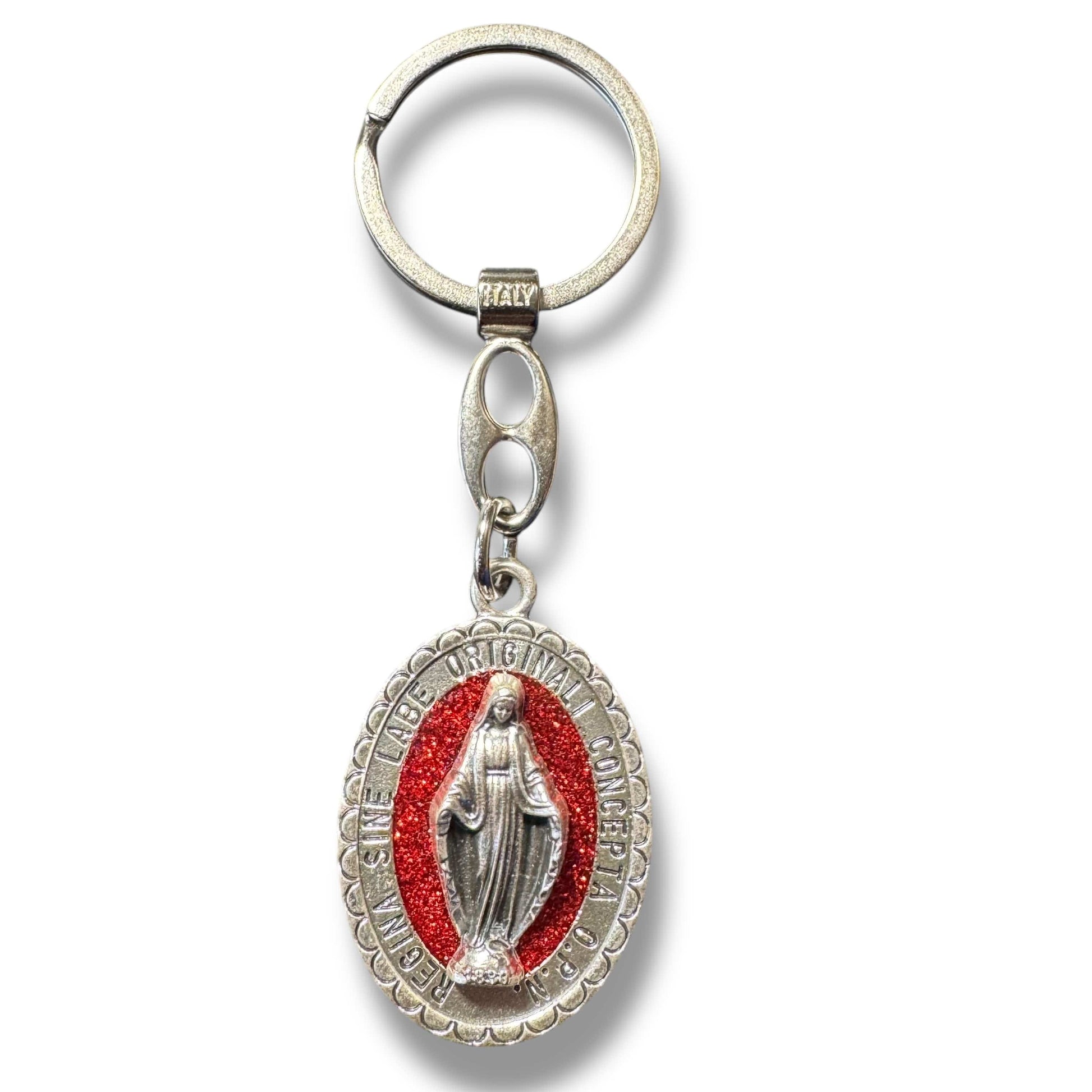 Miraculous Medal Keychain - Religious Key ring with Red Glitter - Blessed By Pope | Catholically
