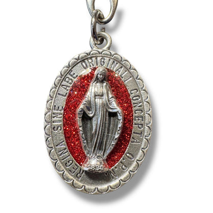 Miraculous Medal Keychain - Religious Key ring with Red Glitter - Blessed By Pope | Catholically