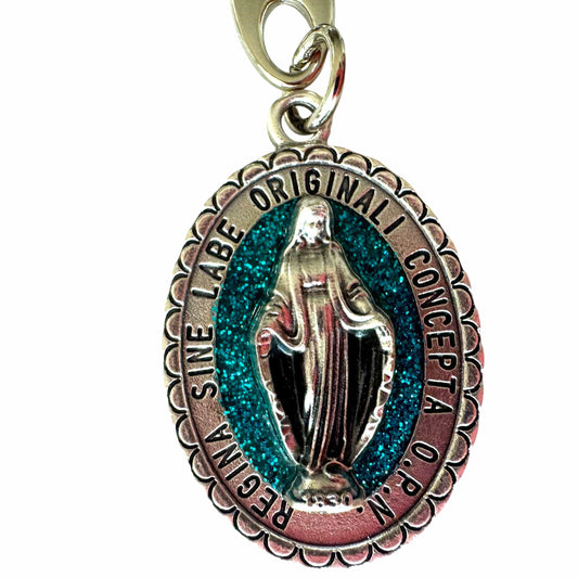 Miraculous Medal Keychain - Religious Key ring with Turquoise Glitter - Blessed By Pope | Catholically