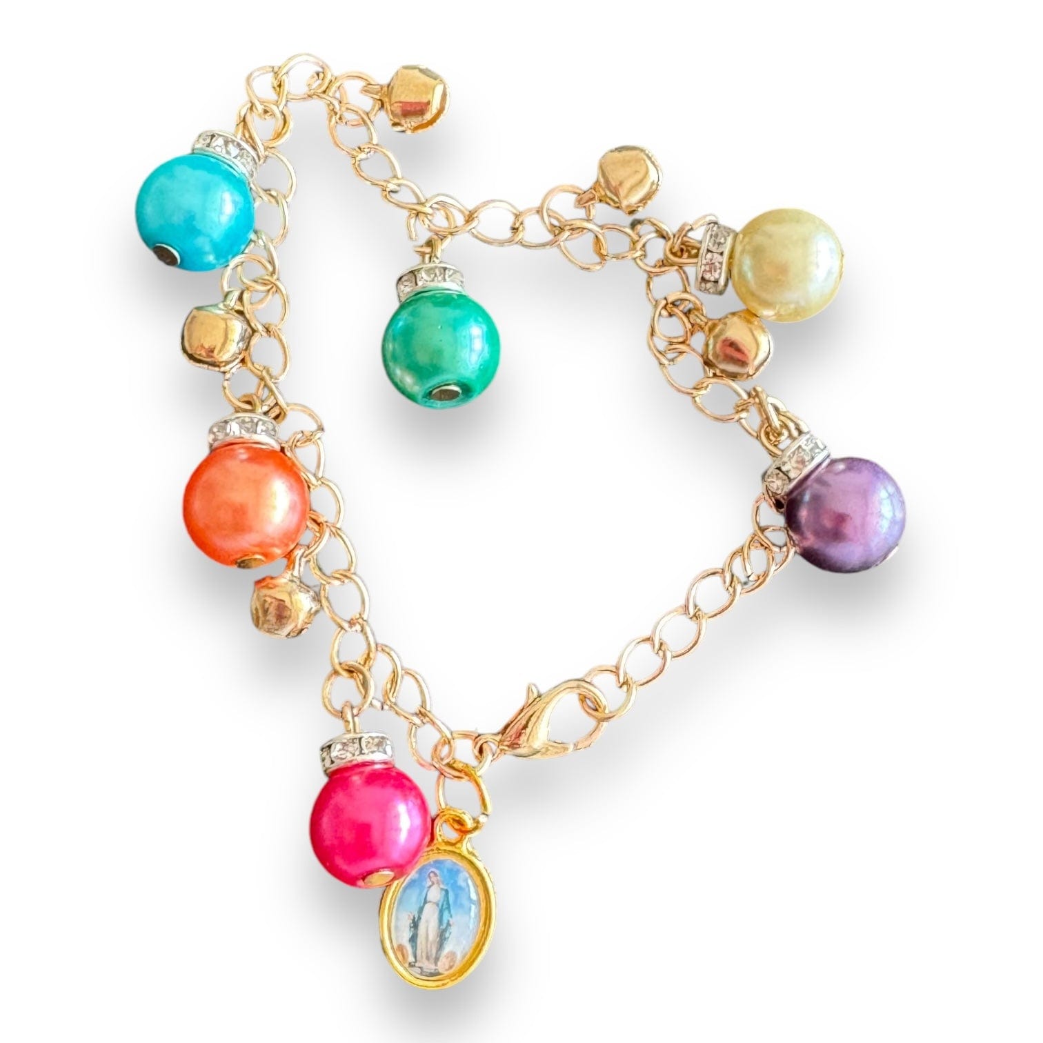 Multicolored Pearl Charm Bracelet with Our Lady of Lourdes Medal | Catholically