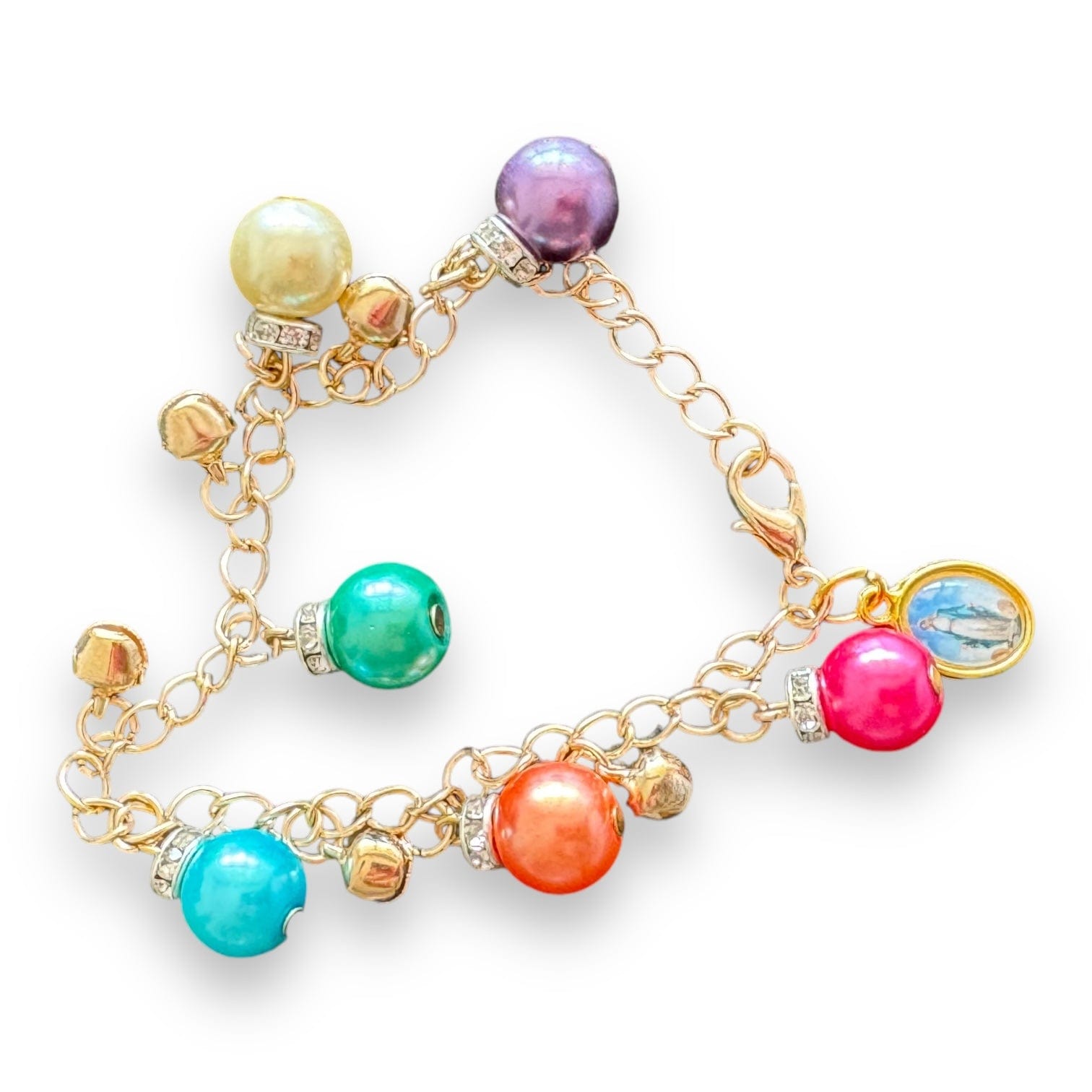 Multicolored Pearl Charm Bracelet with Our Lady of Lourdes Medal | Catholically