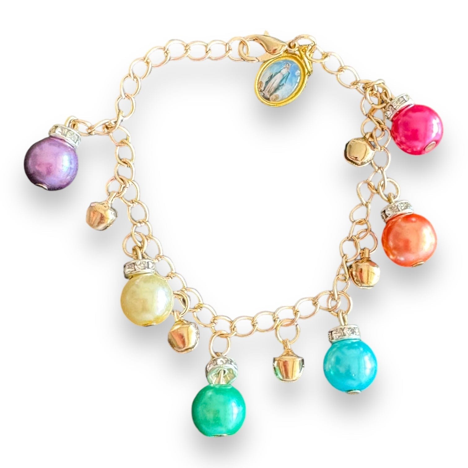 Multicolored Pearl Charm Bracelet with Our Lady of Lourdes Medal | Catholically