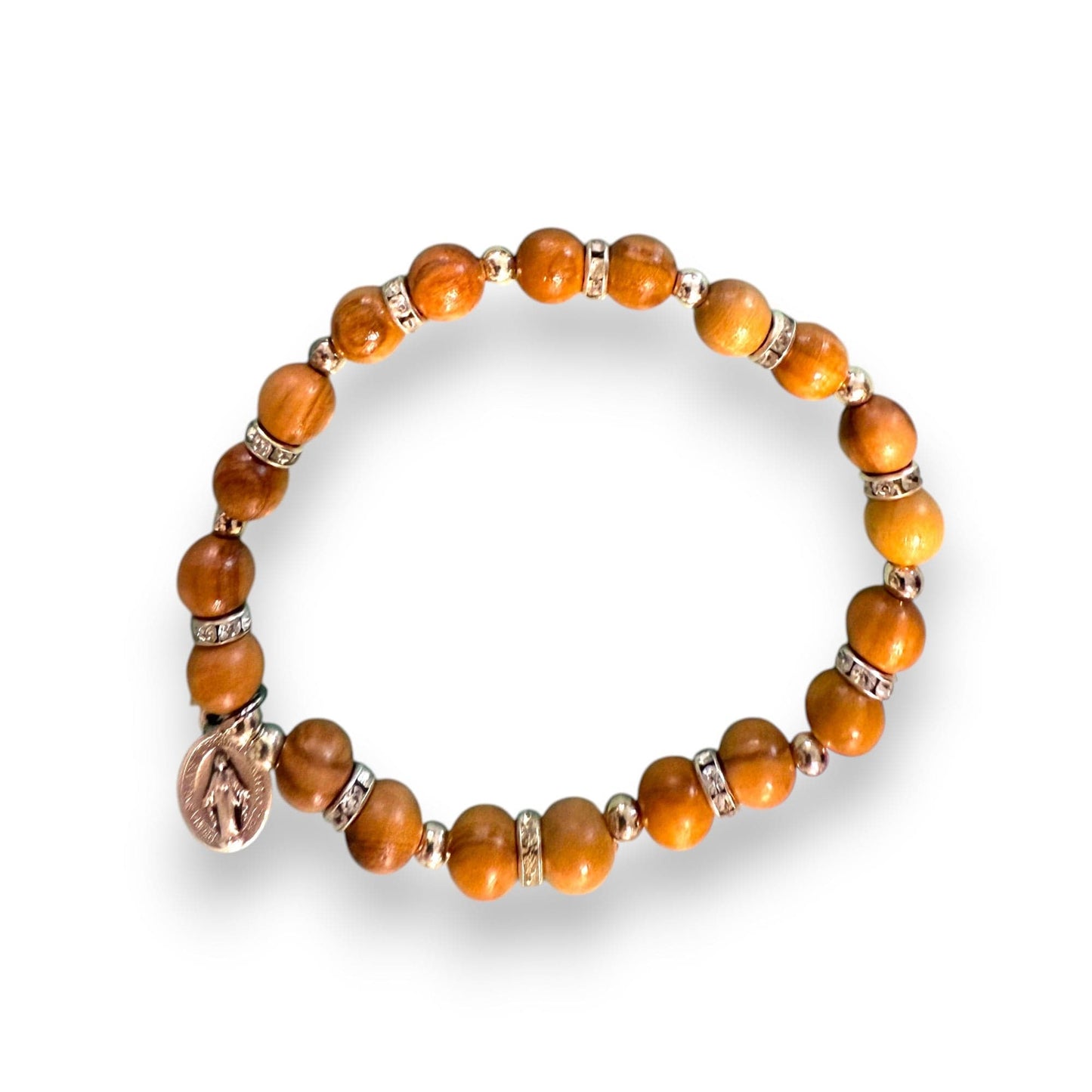 Olive Wood Rosary - Stretch Bracelet with Miraculous Medal - Pulsera | Catholically