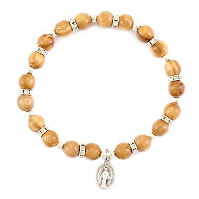 Olive Wood Rosary - Stretch Bracelet with Miraculous Medal - Pulsera | Catholically