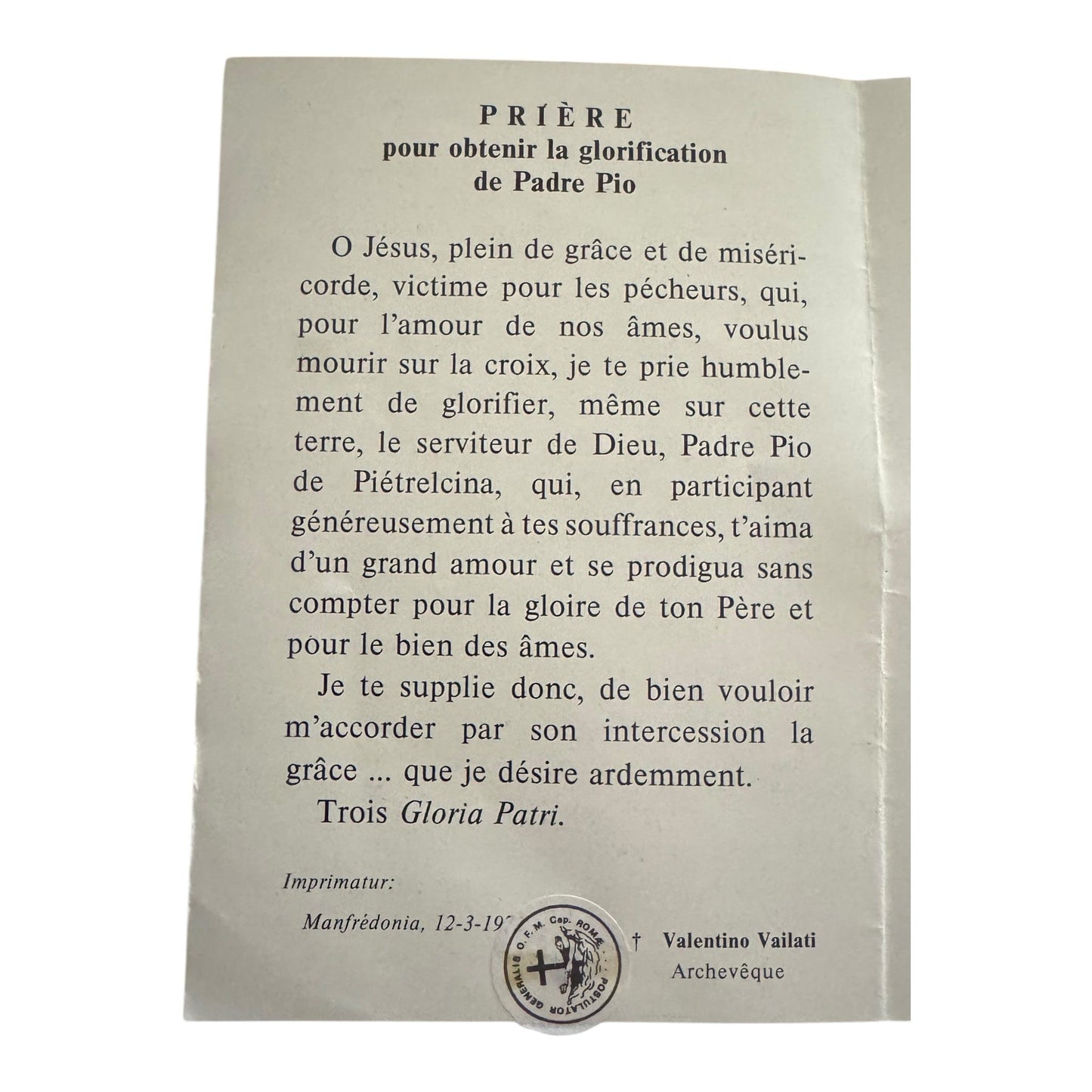 Padre Pio Holy Card - St. Pio FRENCH vintage Prayer Card | Catholically