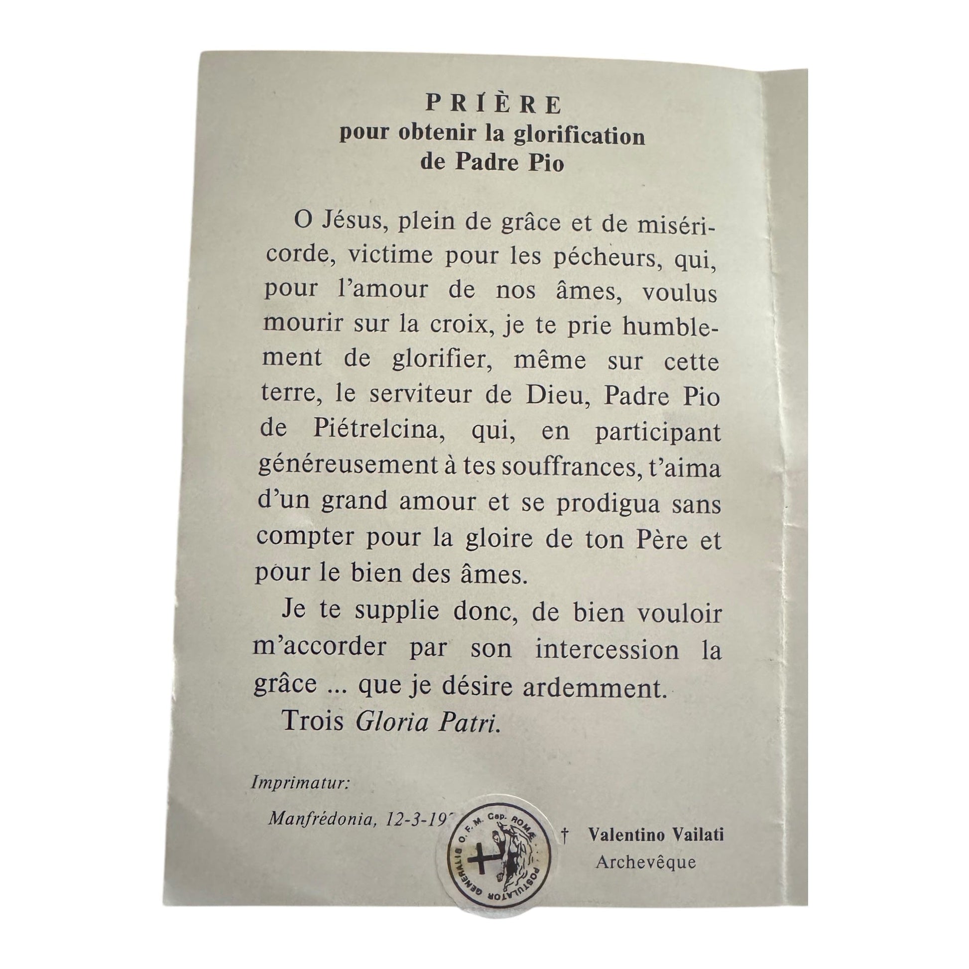 Padre Pio Holy Card - St. Pio FRENCH vintage Prayer Card | Catholically