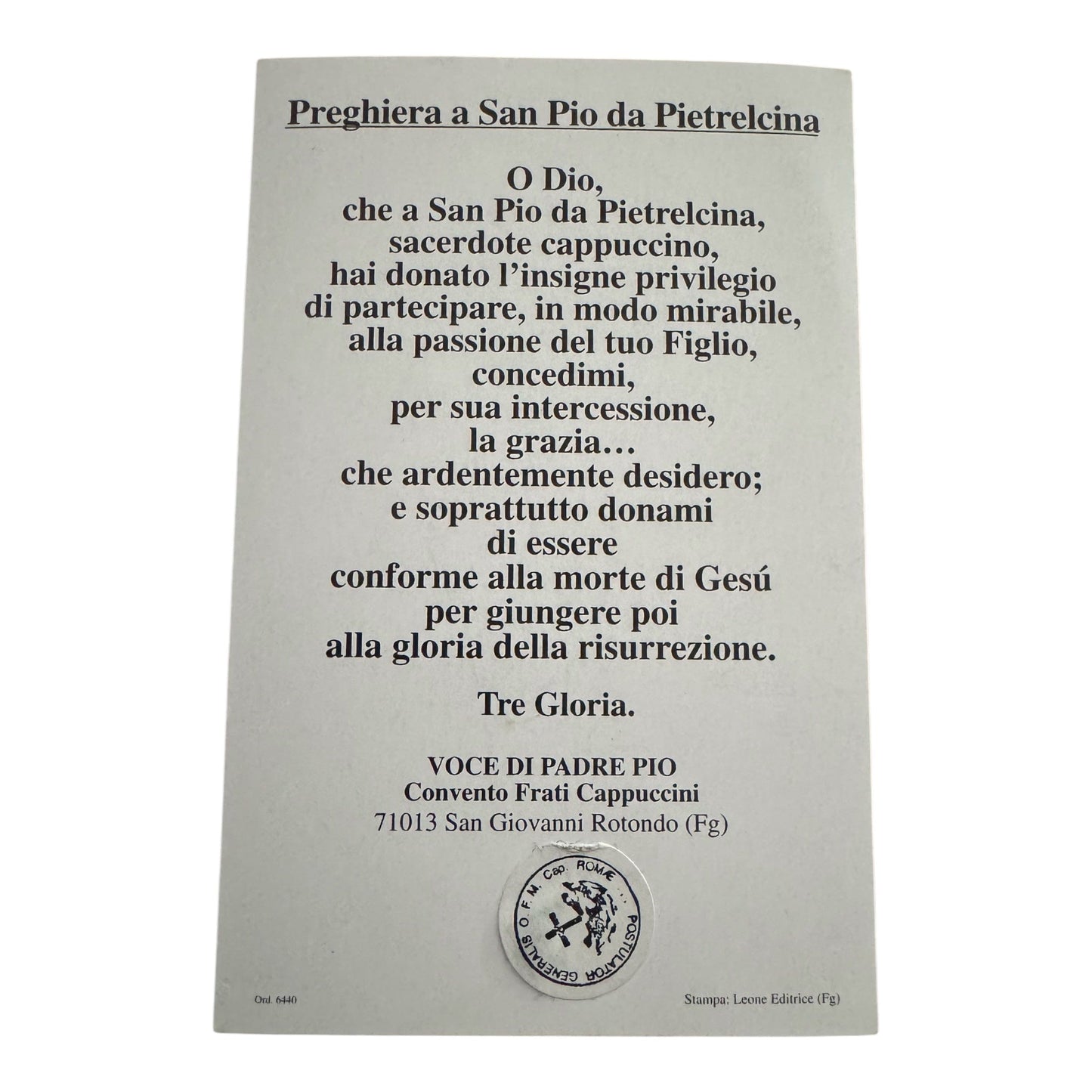 St. Padre Pio Laminated Holy Card With 2nd Class Relic  St. Father Pio | Catholically