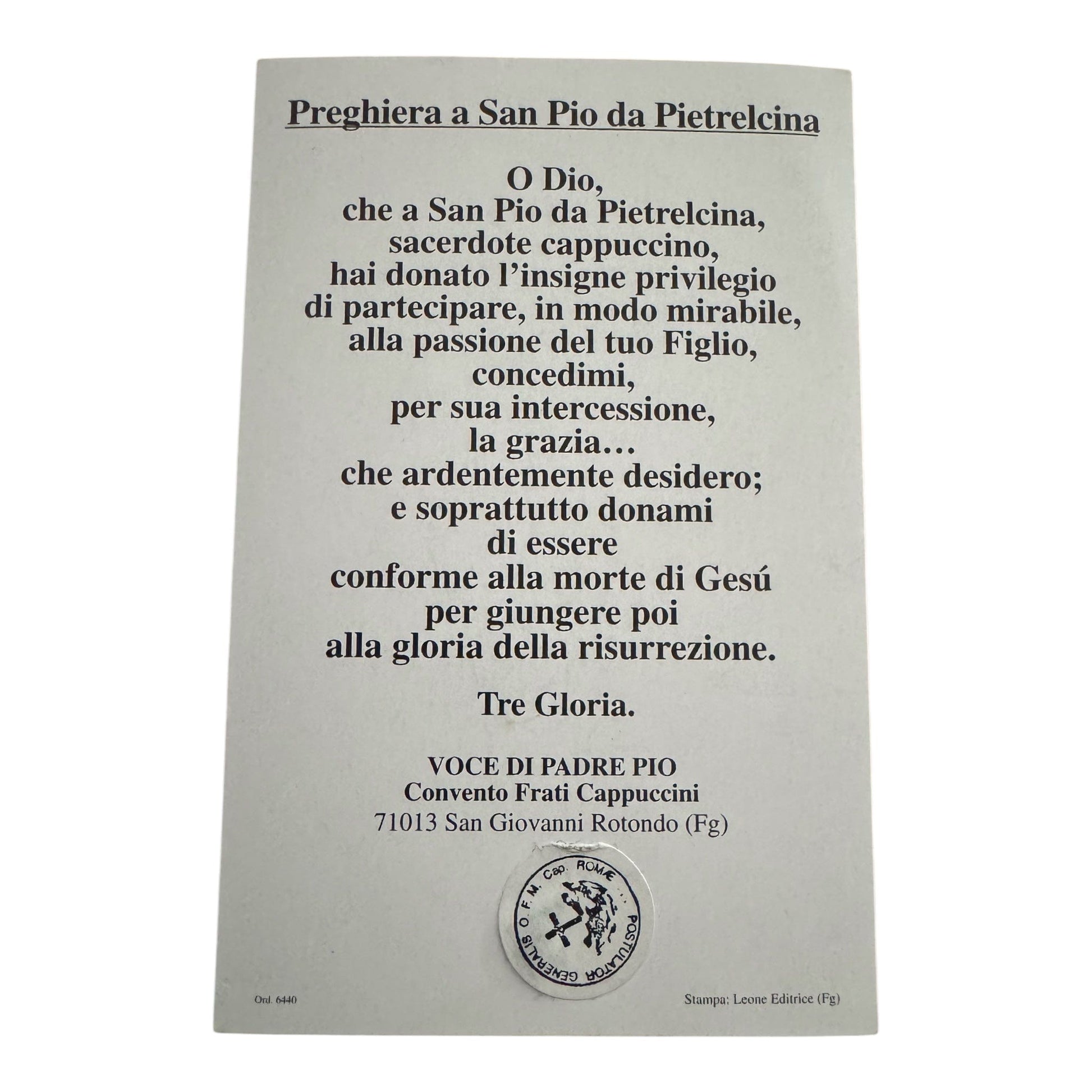 St. Padre Pio Laminated Holy Card With 2nd Class Relic  St. Father Pio | Catholically