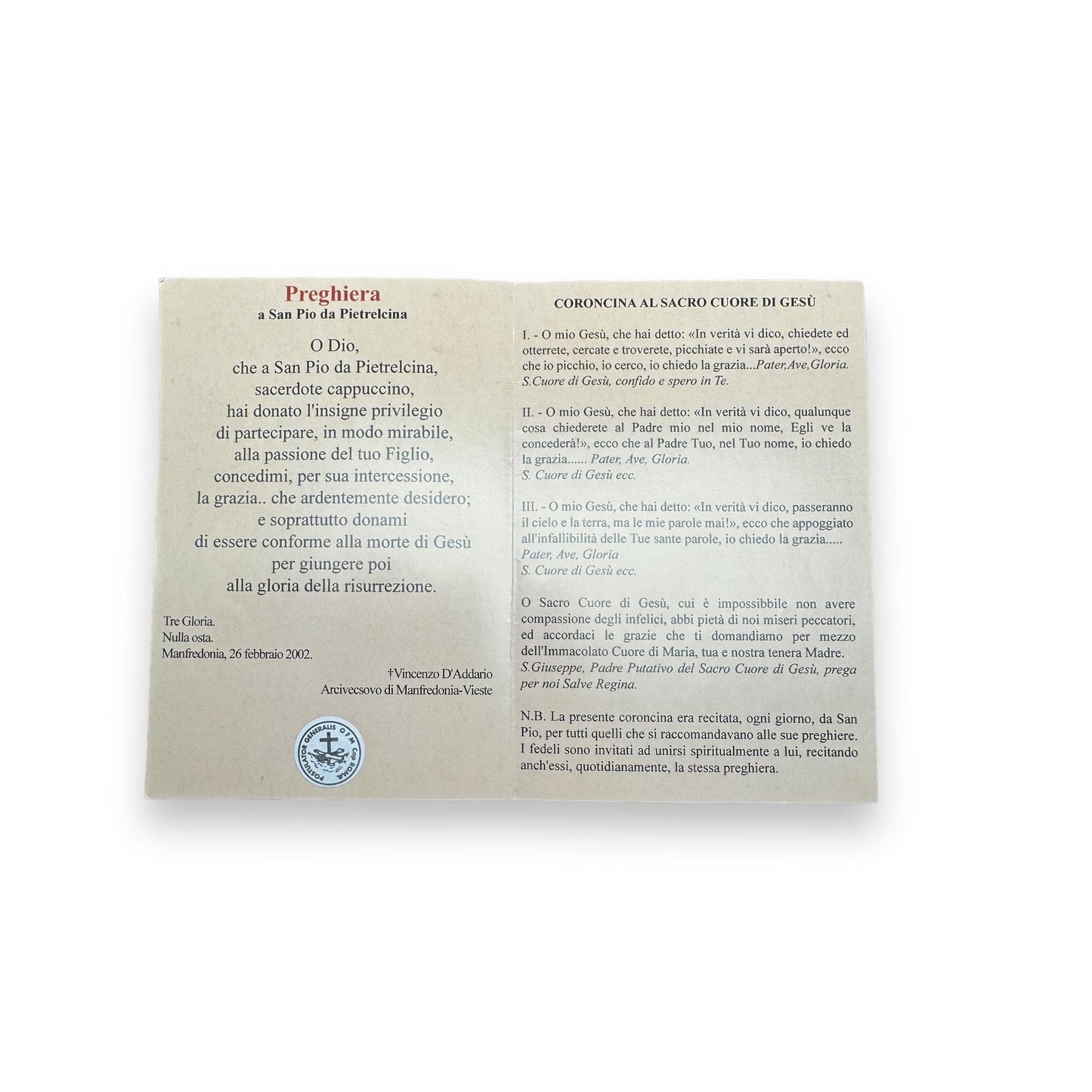 Padre Pio Holy Card - St. Pio vintage Prayer Card | Catholically