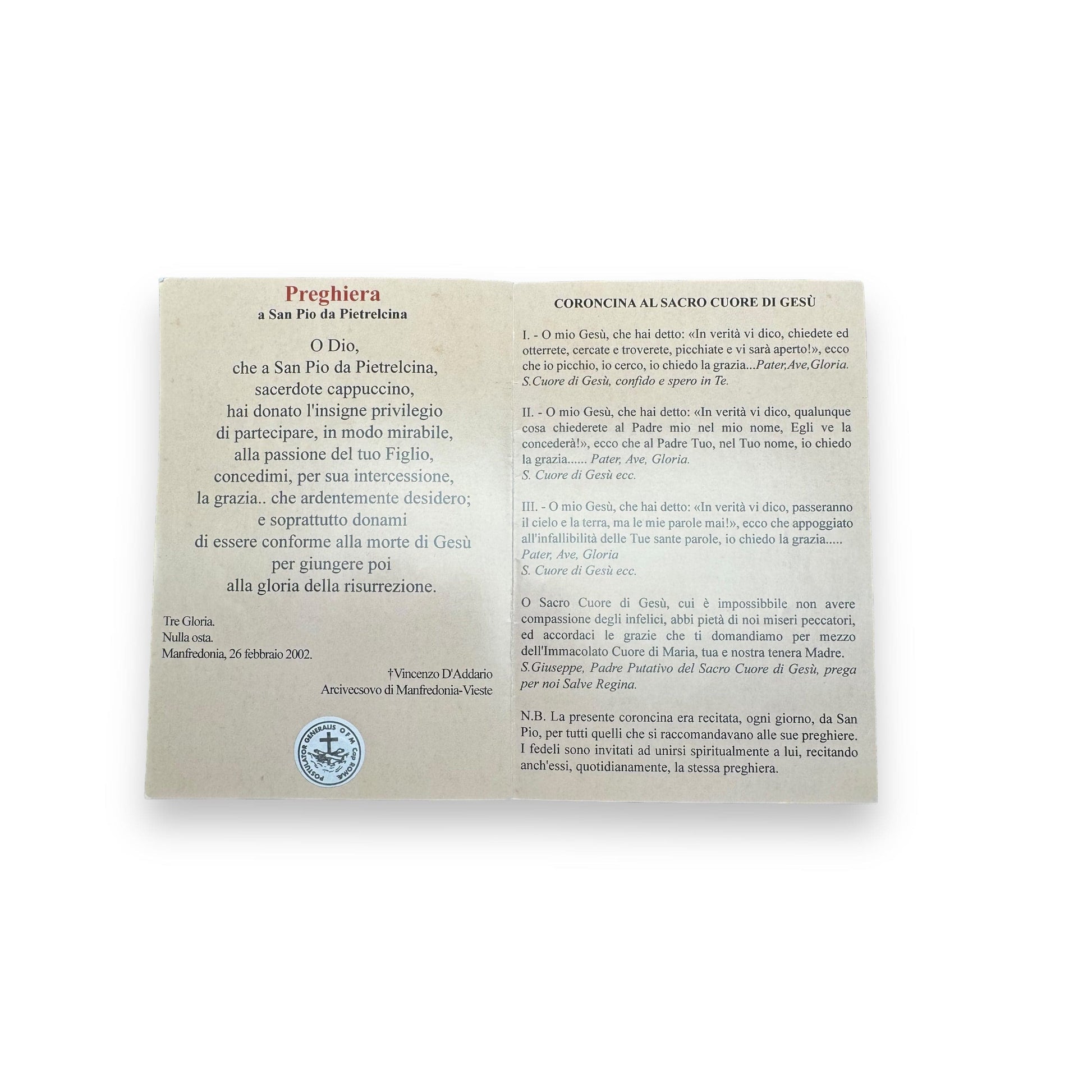 Padre Pio Holy Card - St. Pio vintage Prayer Card | Catholically