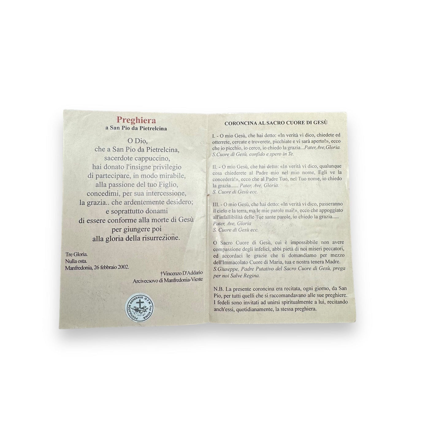 Padre Pio Holy Card - St. Pio vintage Prayer Card | Catholically