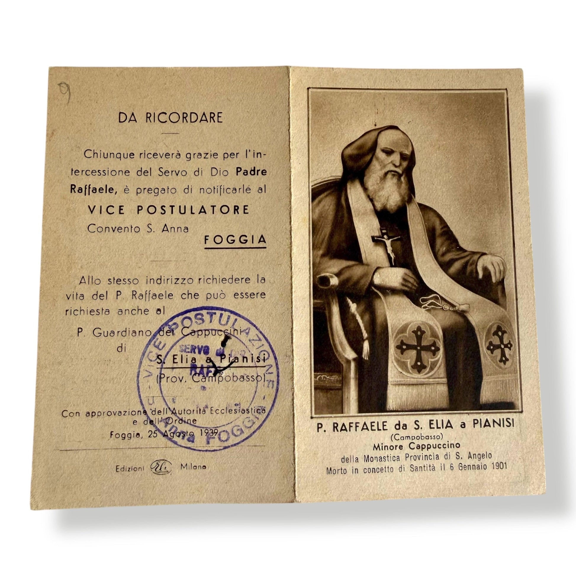 Padre Raffaele da Sant’Elia Relic – Blessed by Pope Leo XIV – Vintage Holy Card | Catholically