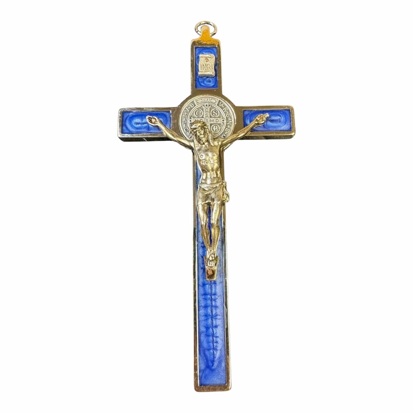 Pearl Blue 6 1/4" Saint Benedict Wall Crucifix - Exorcism Cross - Blessed By Pope | Catholically