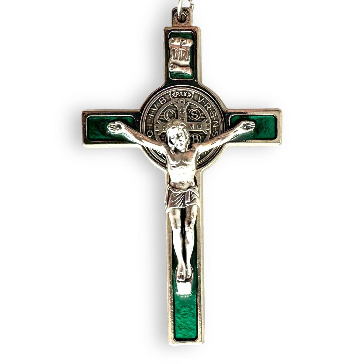 3" St. Benedict Crucifix with Green Enamel Inlay - Blessed By Pope | Catholically
